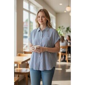 Women's Per Se Flamingo Top Button Front Collared Beachy Striped Blue white 2X